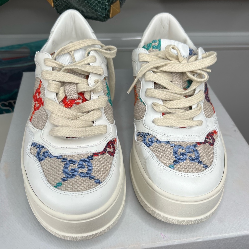 Women’s GG Gucci Sneaker, size 39.5, worn 1 time. Have the dusters, no box.
